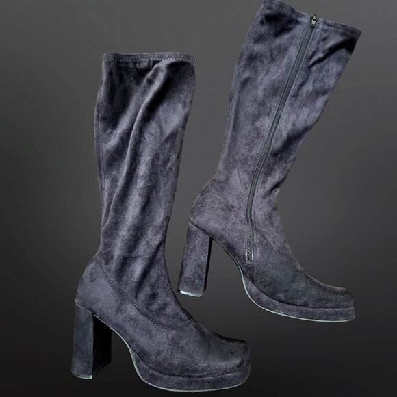 Vintage 90s Y2K Black Chunky Heel Knee High Boots US Size 8 Stretchy Faux Suede - Picture 2 of 13